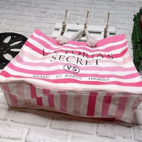 Victoria’s Secret Pink & White Striped Tote Bag Rope Handles Beach Pool - Picture 4 of 6